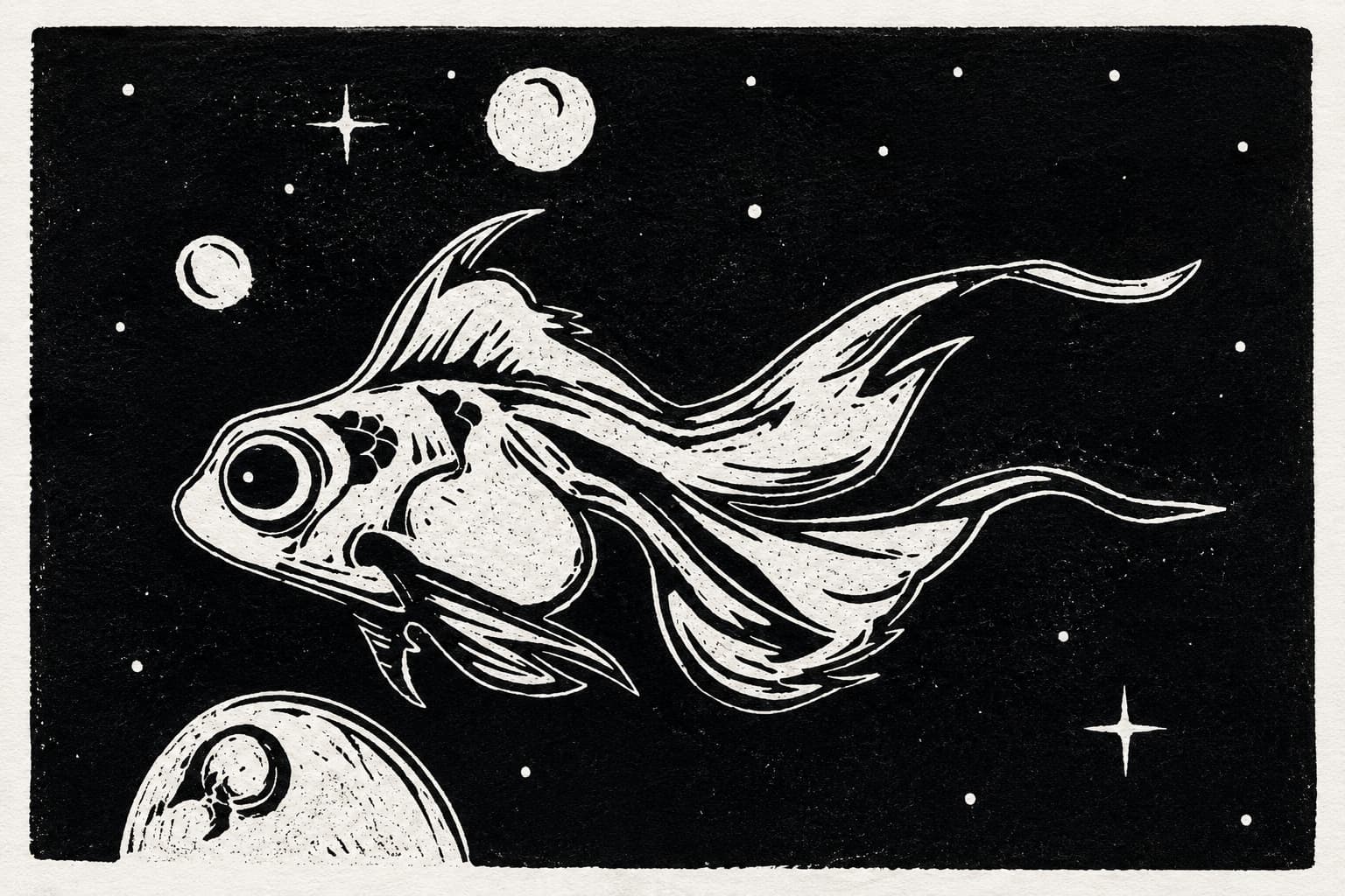 Space Fish – handgedruckter Linoldruck von Blackbeardprint